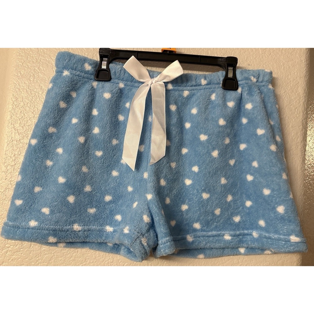 Soft Blue Plush Pajama Shorts Hearts And Bow Medium